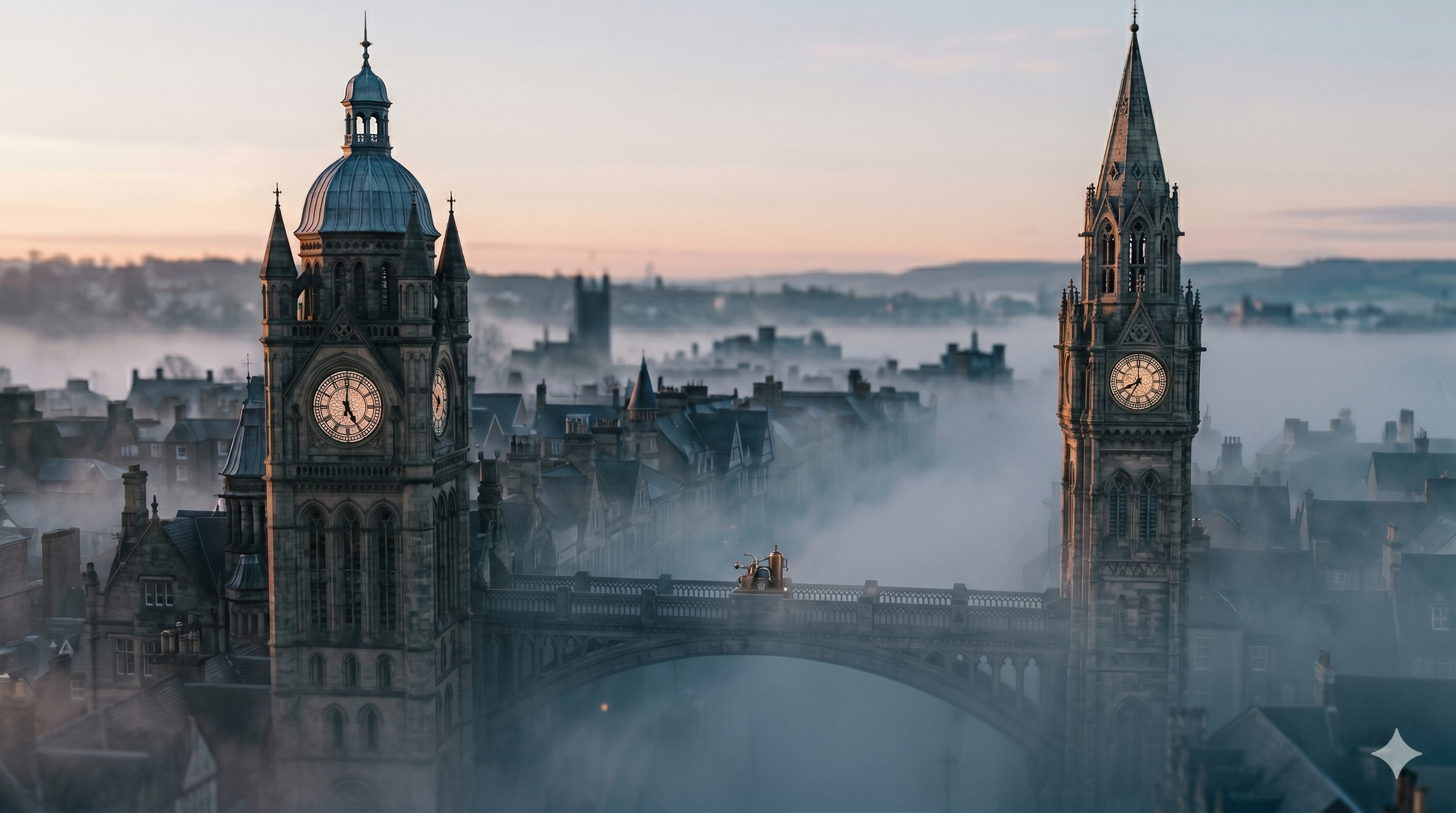 Two Victorian clock towers rising from morning fog, connected by a stone bridge